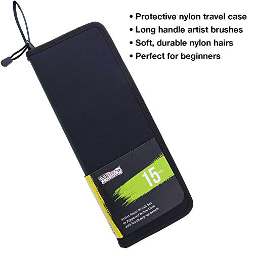 U.S. Art Supply 15 Piece Artist Long Handle Synthetic Paint Brush Set - Multi Functional Watercolor Gouache Oil Acrylic Brush Set in Zippered Nylon Pop-Up Travel Storage Case - Image 3