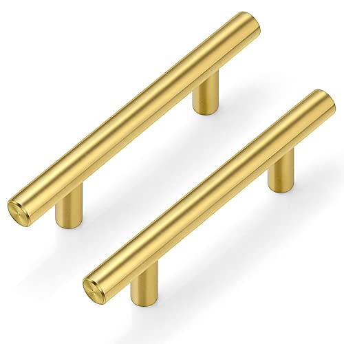 Plustool 30Pack 3''Hole Centers Gold Cabinet Handles-Brushed Brass Cabinet Pulls Gold Dresser Drawer Pulls-Stainless Steel Door Hardware Handle for Kitchen Bathroom Bedroom Furniture-5''Overall Length