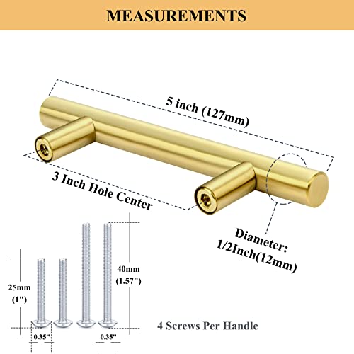 Plustool 30Pack 3''Hole Centers Gold Cabinet Handles-Brushed Brass Cabinet Pulls Gold Dresser Drawer Pulls-Stainless Steel Door Hardware Handle for Kitchen Bathroom Bedroom Furniture-5''Overall Length - Image 6