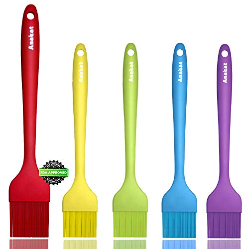 Anaeat High Heat Resistant Silicone Basting Pastry Brush Set of 5- Hygienic One Piece Design Spread Oil Butter for BBQ Grill Barbecue Baking Kitchen Cooking - BPA Free & Dishwasher Safe (10"+8")