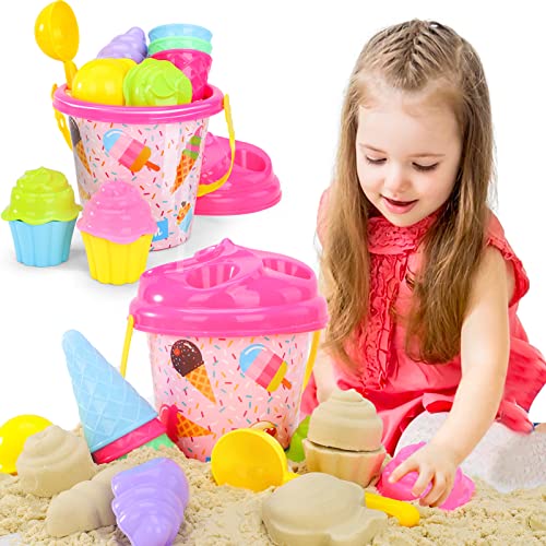 Bennol Beach Sand Toys for Kids Toddlers, Ice Cream Theme Kids Beach Sand Toys Set with Bucket Pail and Bag, Sand Castle Travel Beach Sandbox Toys Kit for Kids Toddlers Girls Boys Ages 3-10