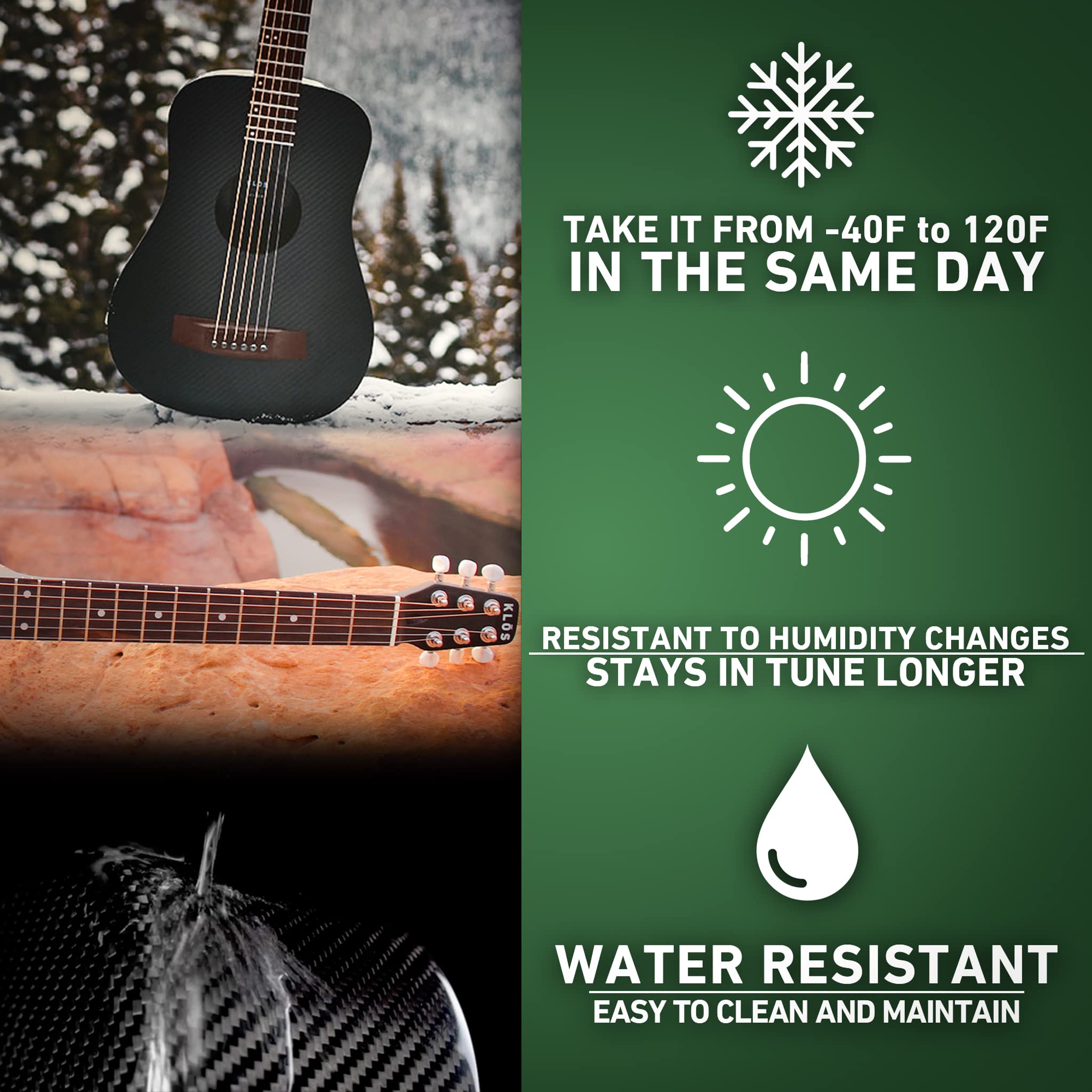 KLOS Travel Guitar, Durable Carbon Fiber Acoustic Guitar - Black with Gig Bag, Strap, Capo and more - Image 4