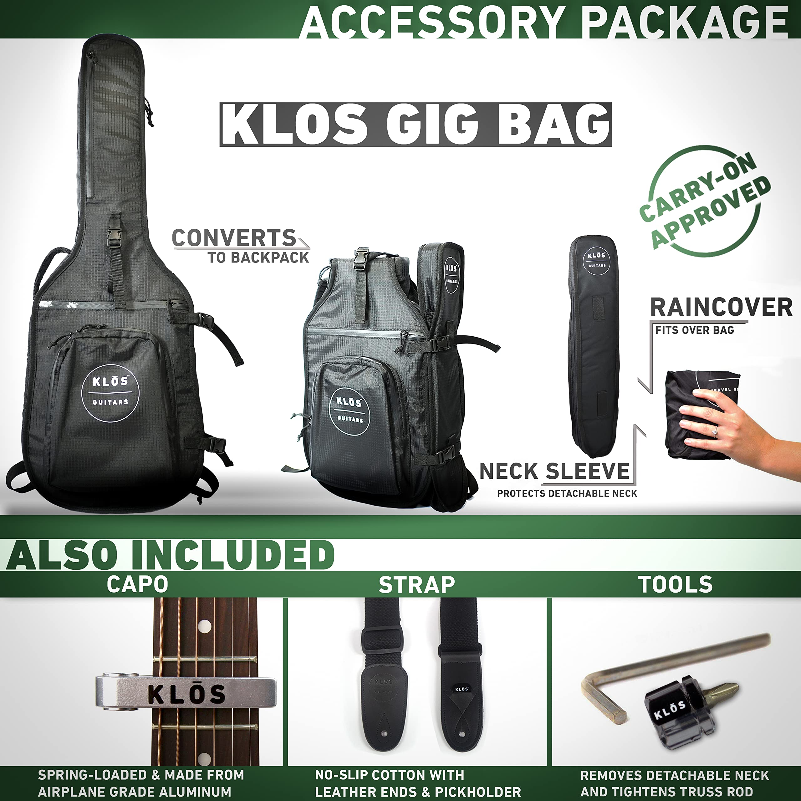 KLOS Travel Guitar, Durable Carbon Fiber Acoustic Guitar - Black with Gig Bag, Strap, Capo and more - Image 2